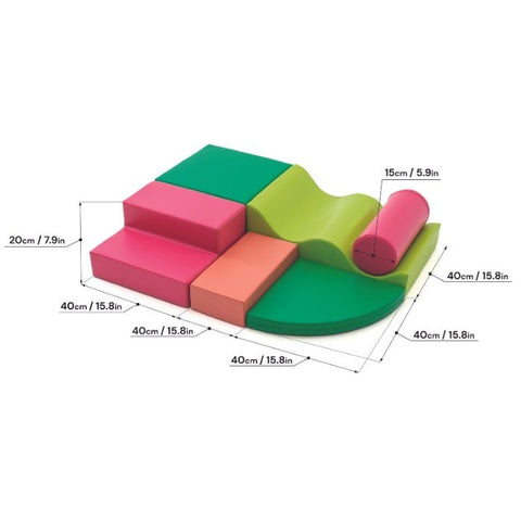 4. Size chart for IGLU Explorer set showing dimensions of pink and green foam blocks in centimeters