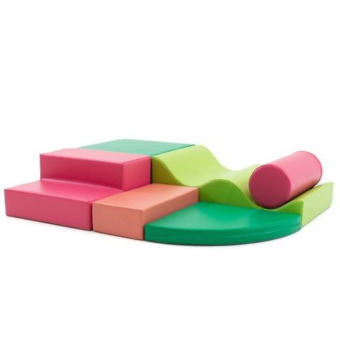 1. IGLU Explorer 6-piece soft play set in pink and green with various shapes including ramps and corners on a white background