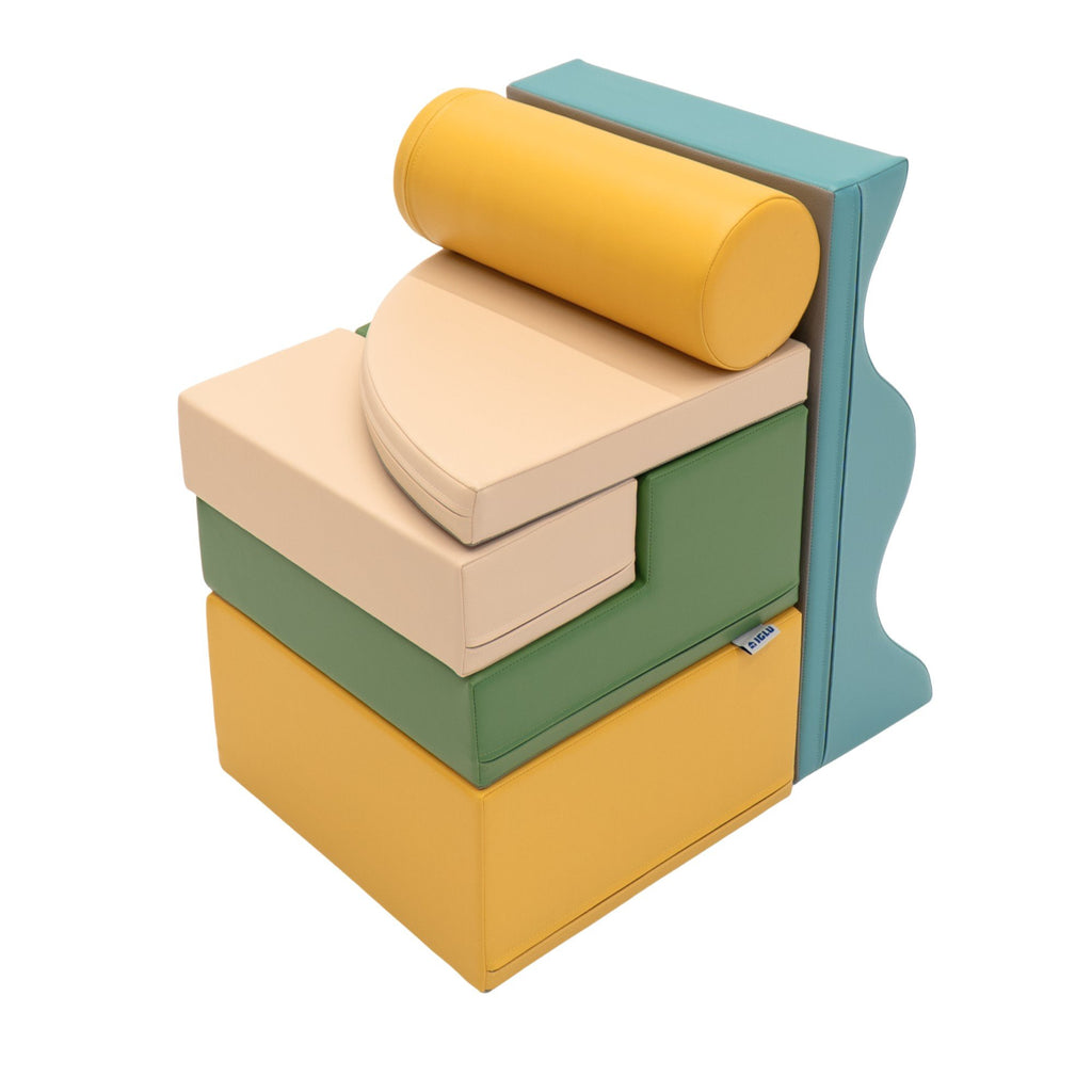 7. Stacked IGLU Explorer Set with pastel turquoise, yellow, and green foam blocks in a compact arrangement