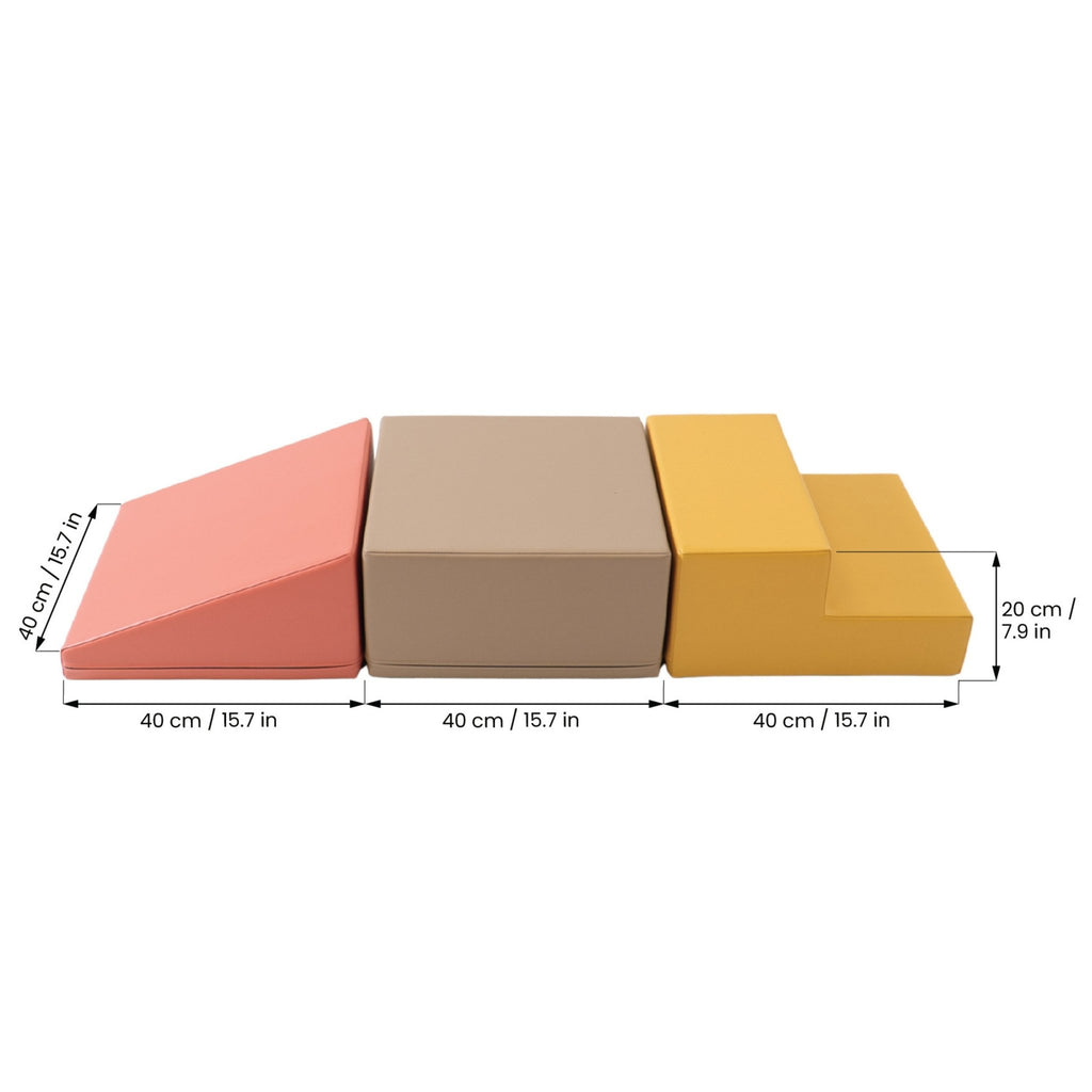 5. Size chart for IGLU pastel pink Mini Climbie foam blocks showing dimensions in centimeters and inches