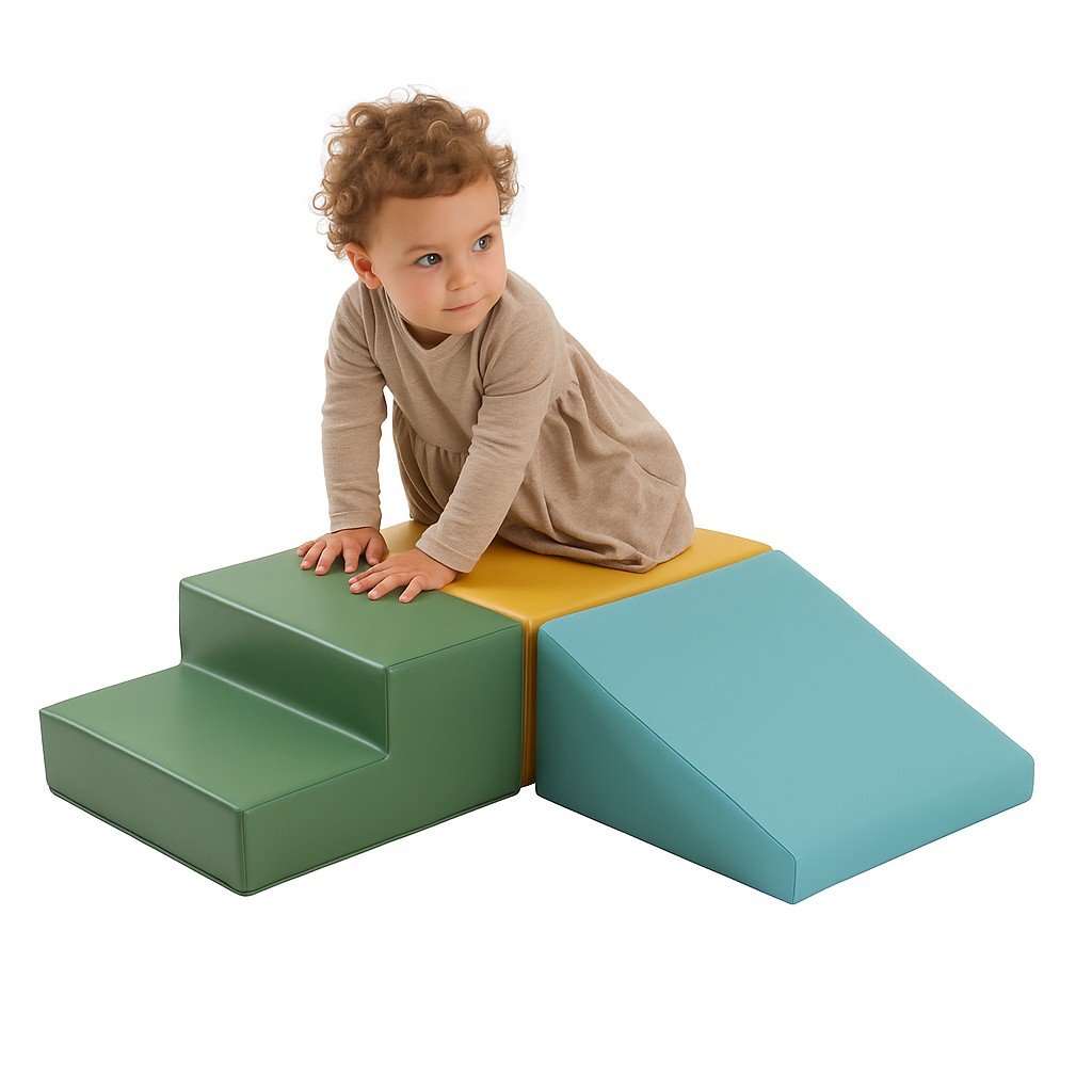 2. Toddler in beige outfit climbing on IGLU pastel turquoise, yellow, and green foam blocks
