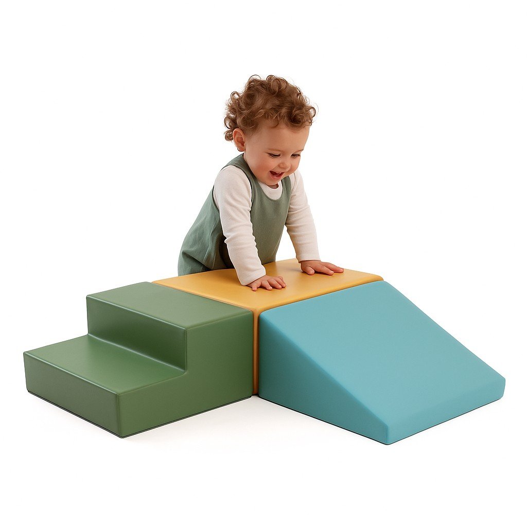 4. Smiling toddler in green and white outfit on IGLU pastel turquoise, yellow, and green foam blocks