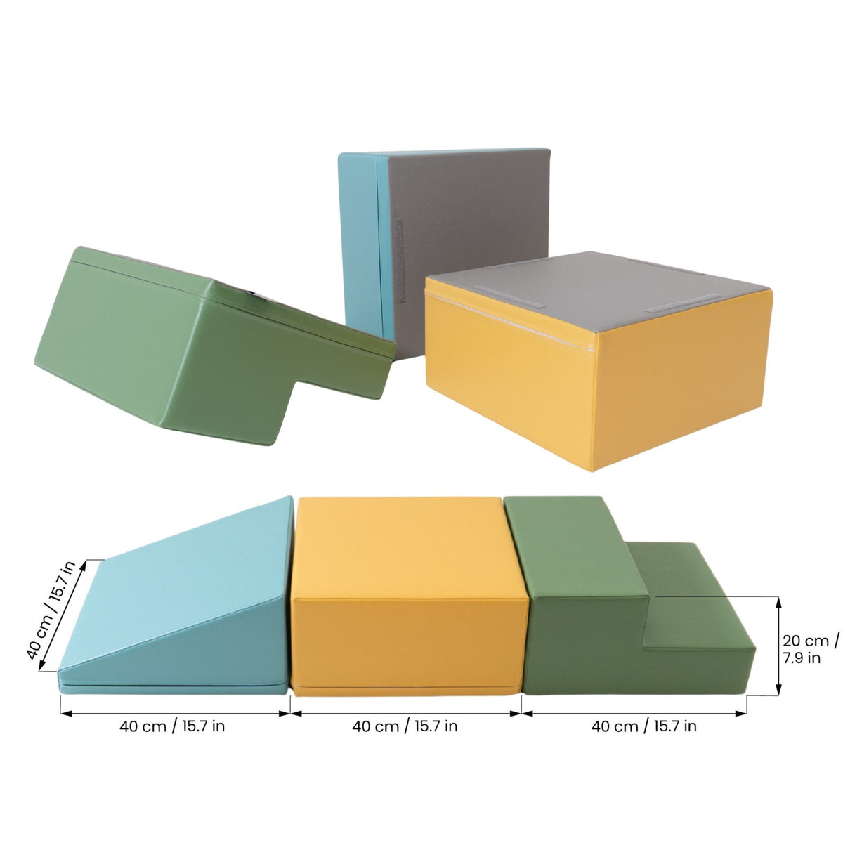 11. Size chart and arrangement options for IGLU pastel turquoise, yellow, and green foam blocks