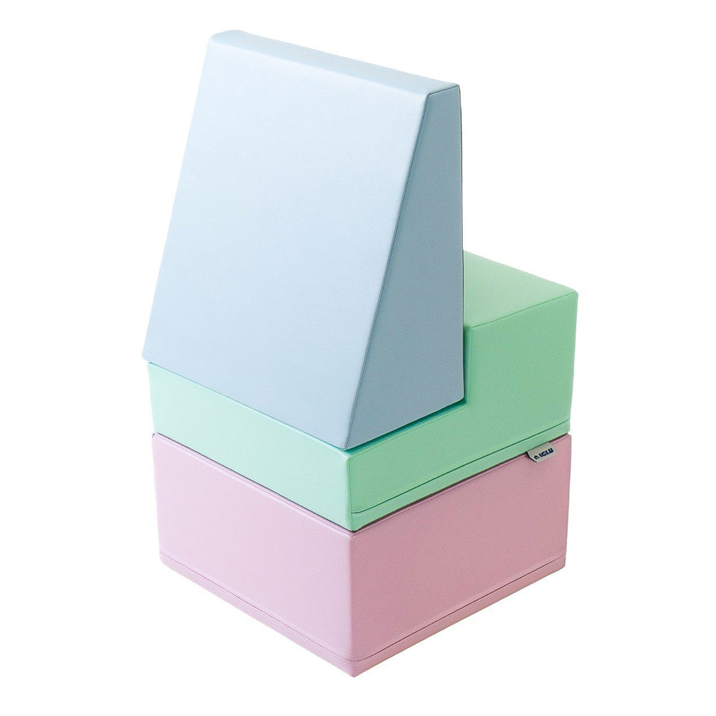 2. IGLU soft pastel foam blocks stacked vertically in pink, mint, and blue