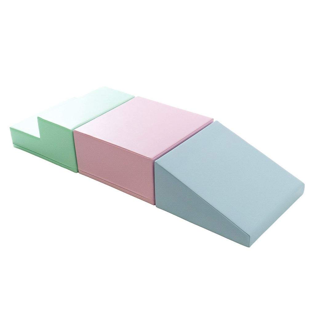 2. IGLU soft pastel foam blocks in a step and slope arrangement on a white background