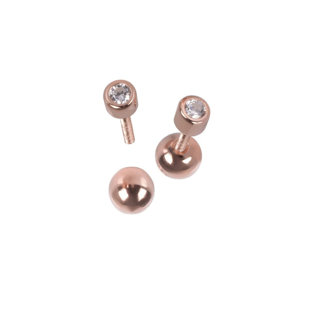 2. MyaMoon Illumi Dot Earrings in rose gold with clear zircon and 4mm screwball backing, studio shot