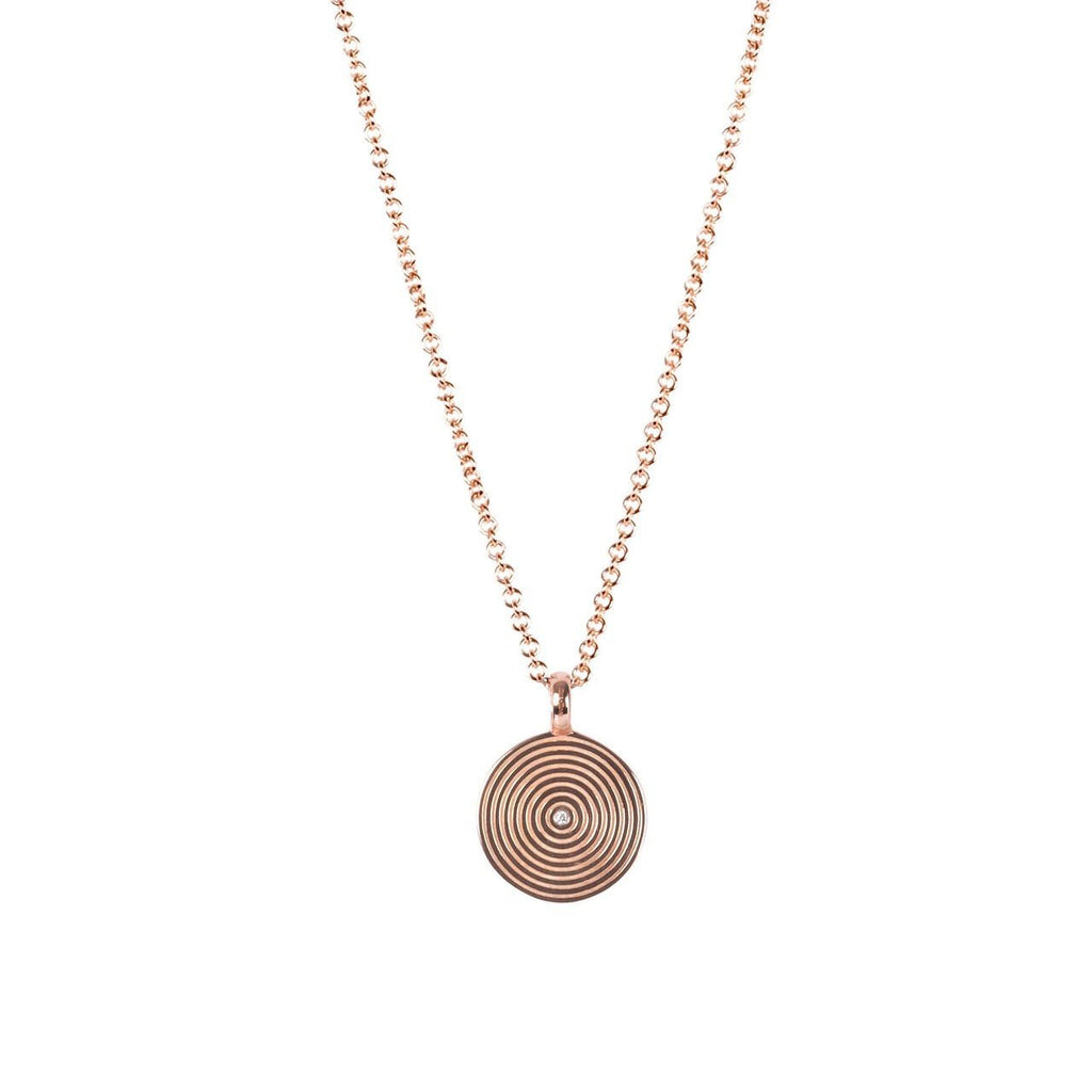 3. Studio image of MyaMoon Illumi Infinity Pendant Necklace in rose gold, featuring circular design