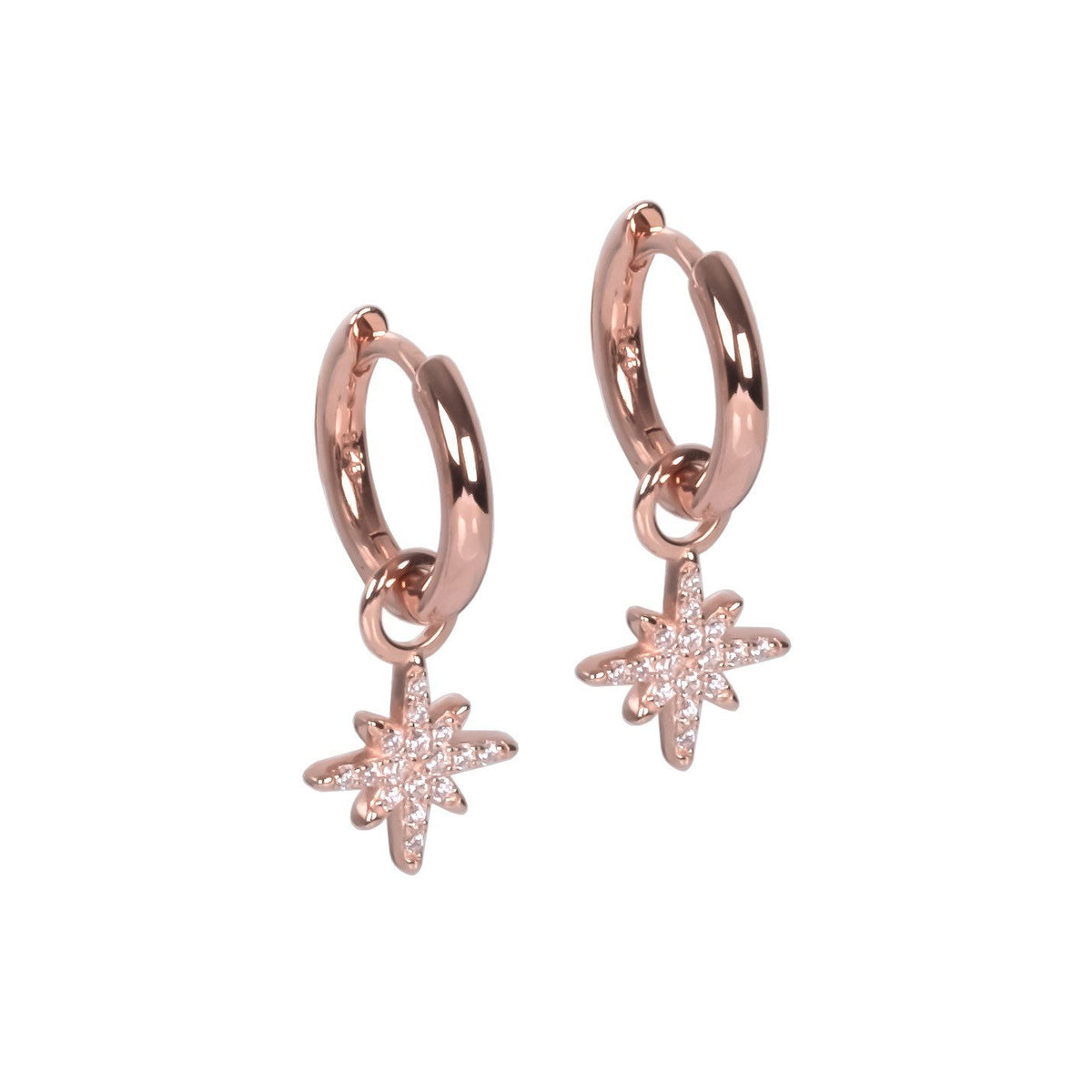 2. Rose gold plated hoop earrings with zircon star charm on white background