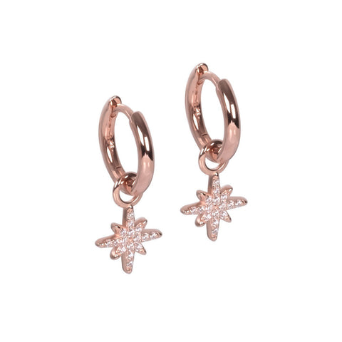 2. Rose gold plated hoop earrings with zircon star charm on white background