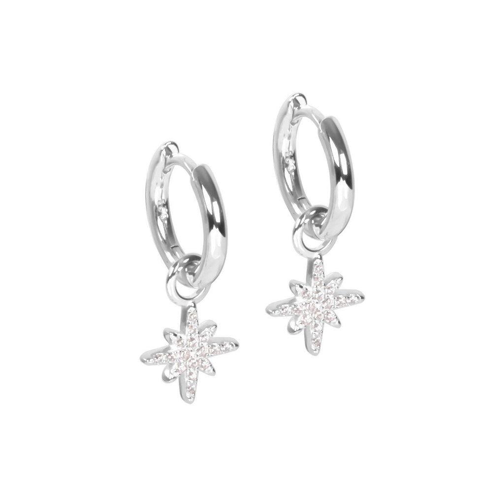 2. Silver-toned rhodium plated hoop earrings with zircon star charm on white background