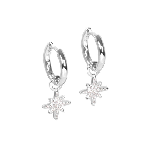 2. Silver-toned rhodium plated hoop earrings with zircon star charm on white background