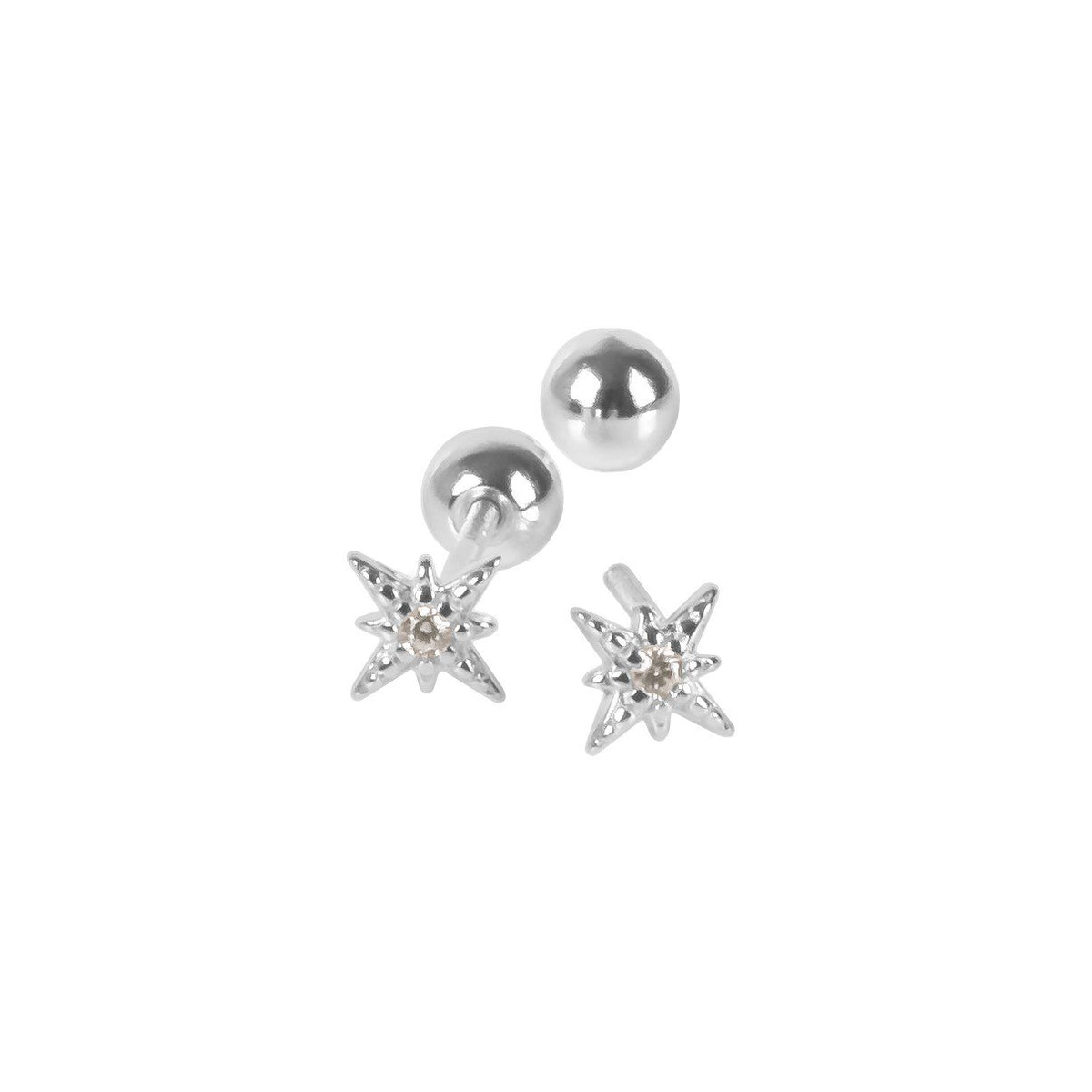 3. Silver-toned rhodium plated star stud earrings with zircon center and screw-back ball on white background