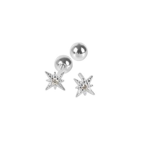3. Silver-toned rhodium plated star stud earrings with zircon center and screw-back ball on white background