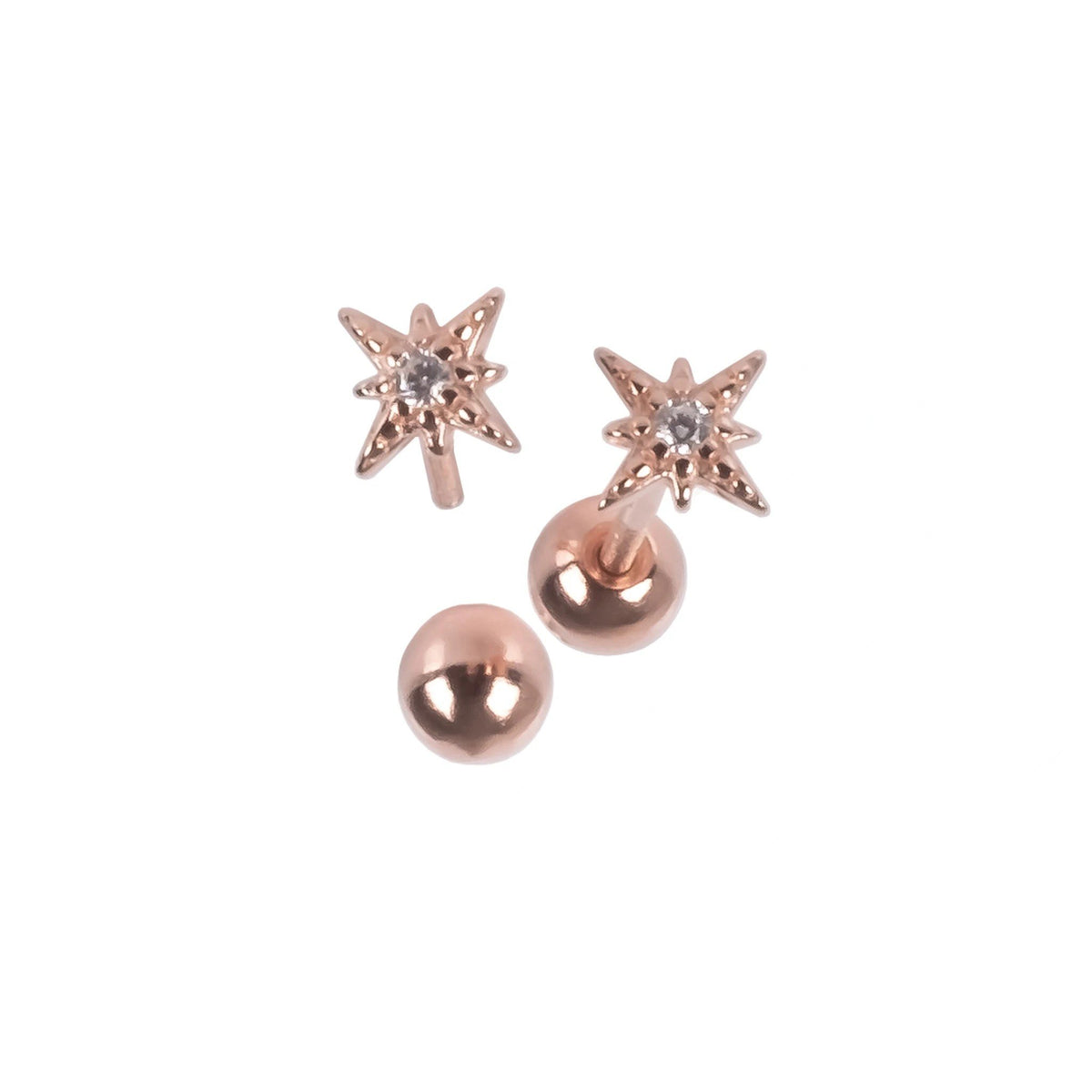 2. Rose gold plated star stud earrings with zircon center and screw-back ball on white background