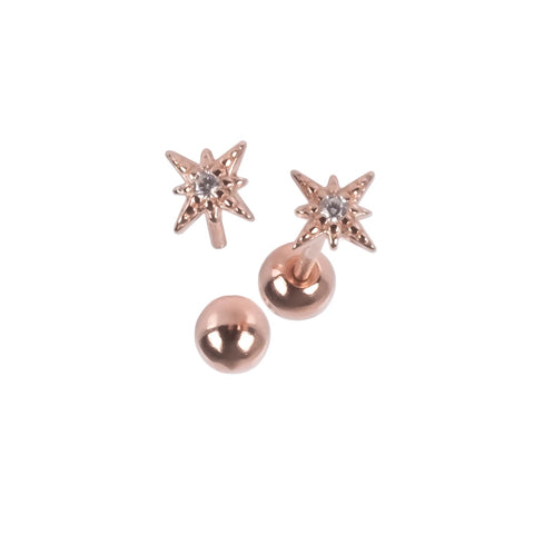 2. Rose gold plated star stud earrings with zircon center and screw-back ball on white background