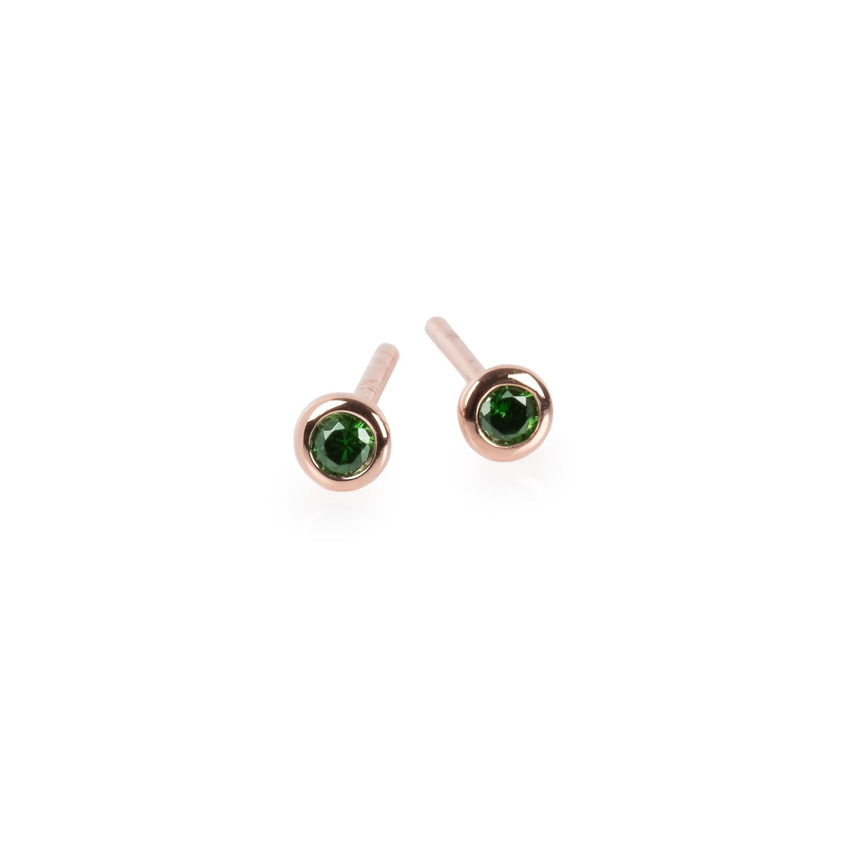 6. MyaMoon Illumi stud earrings in rose gold with green zircon, reflecting Nordic-inspired charm