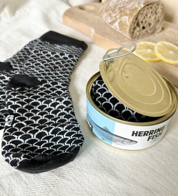 5. SEIK Herring Socks in a Can, unisex, black and white pattern, displayed with open can and bread