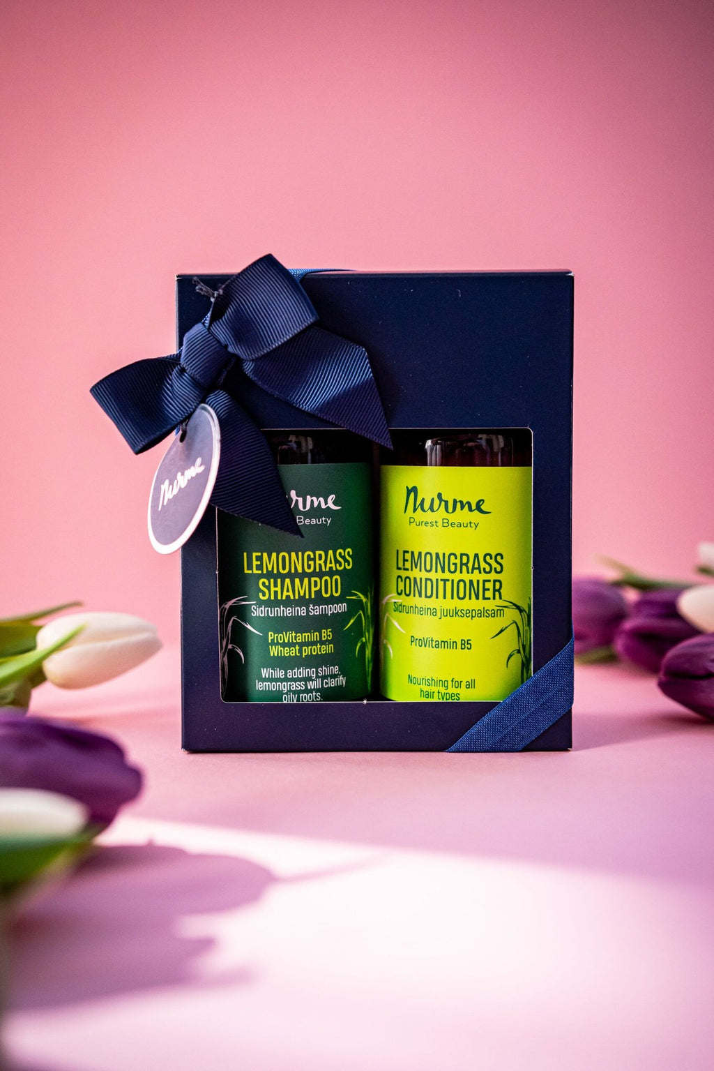 4. Nurme Lemongrass Hair Care Set in a gift box with a blue ribbon, featuring shampoo and conditioner