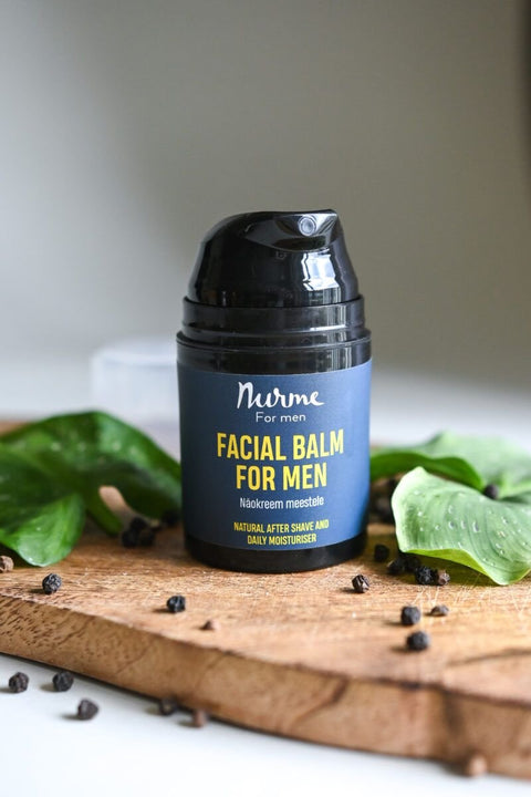 1. Nurme men's facial balm for after shave and daily moisturizing, shown with natural ingredients in lifestyle setting