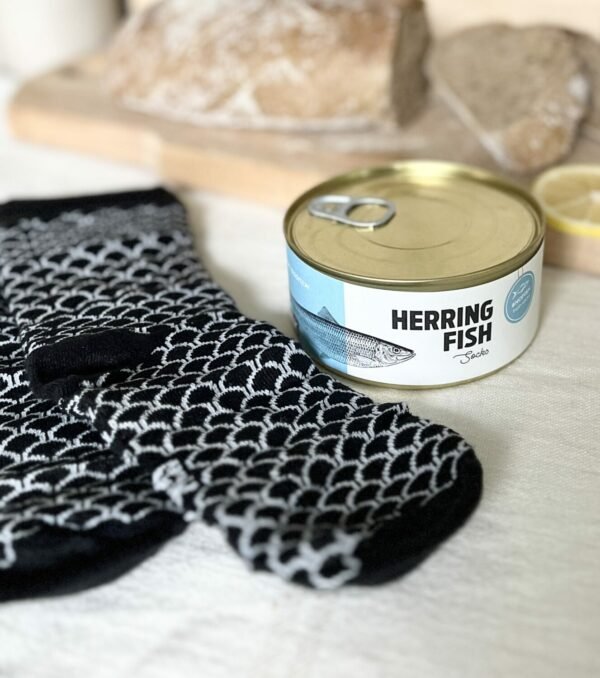 6. SEIK Herring Socks in a Can, unisex, black and white fish scale design, shown with closed can and bread