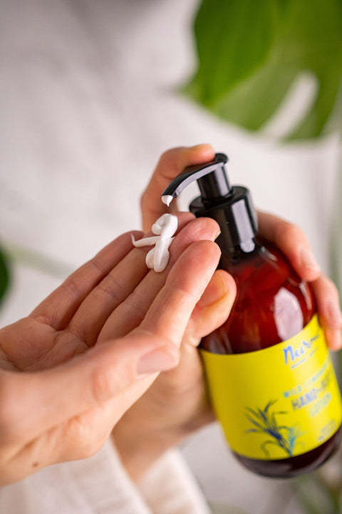 4. Close-up of Nurme Wild Lemongrass hand and body lotion being dispensed