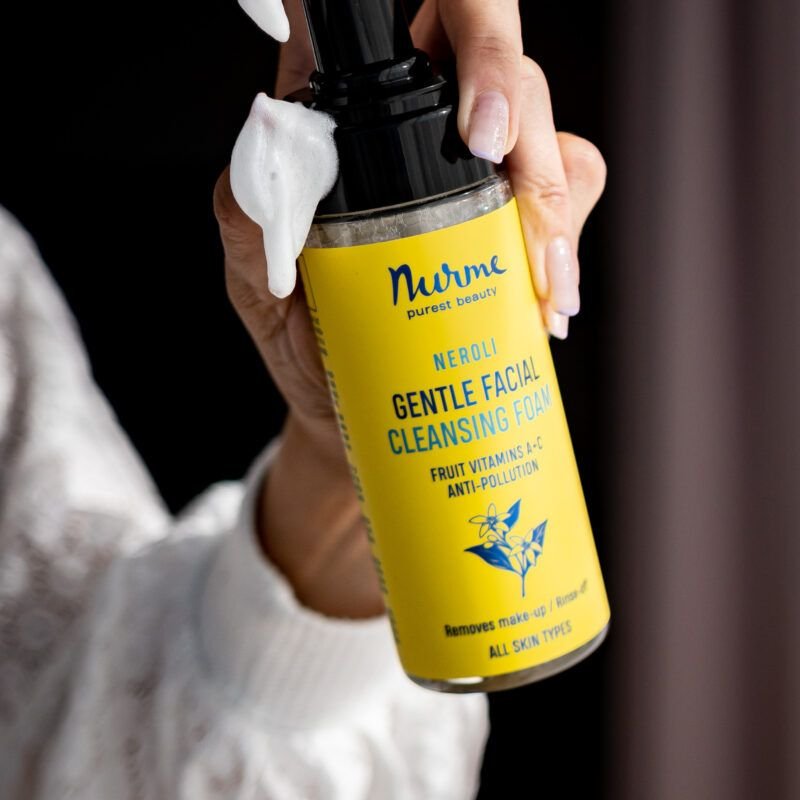 4. Close-up of Nurme neroli gentle facial cleansing foam being dispensed