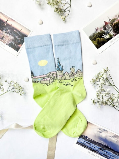 4. SEIK Old Town Tallinn socks with bright cityscape design, laid out with decorative elements