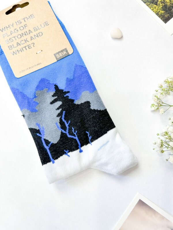 3. SEIK Blue-Black-White Forest socks with Estonian landscape design, shown with packaging