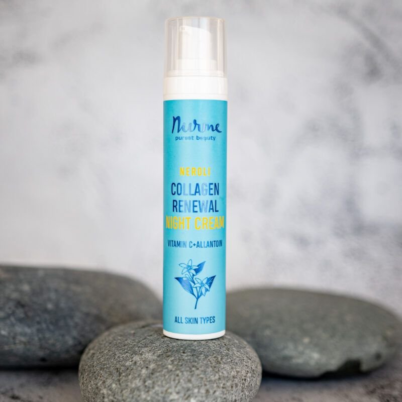 6. Nurme neroli collagen renewal night cream displayed on stones, lifestyle setting