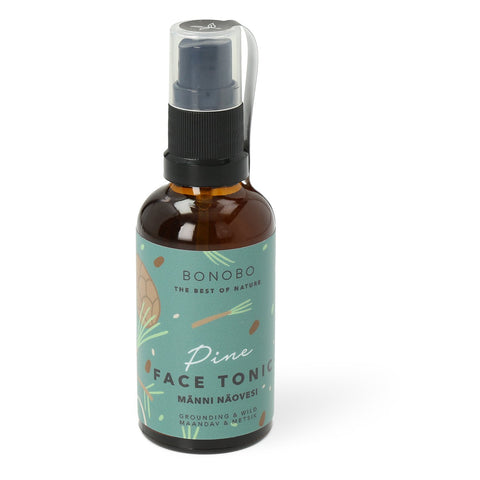 1. BONOBO Pine Face Tonic bottle with spray cap, featuring antibacterial and anti-inflammatory properties, made from Nordic organic plants, shown in studio setting