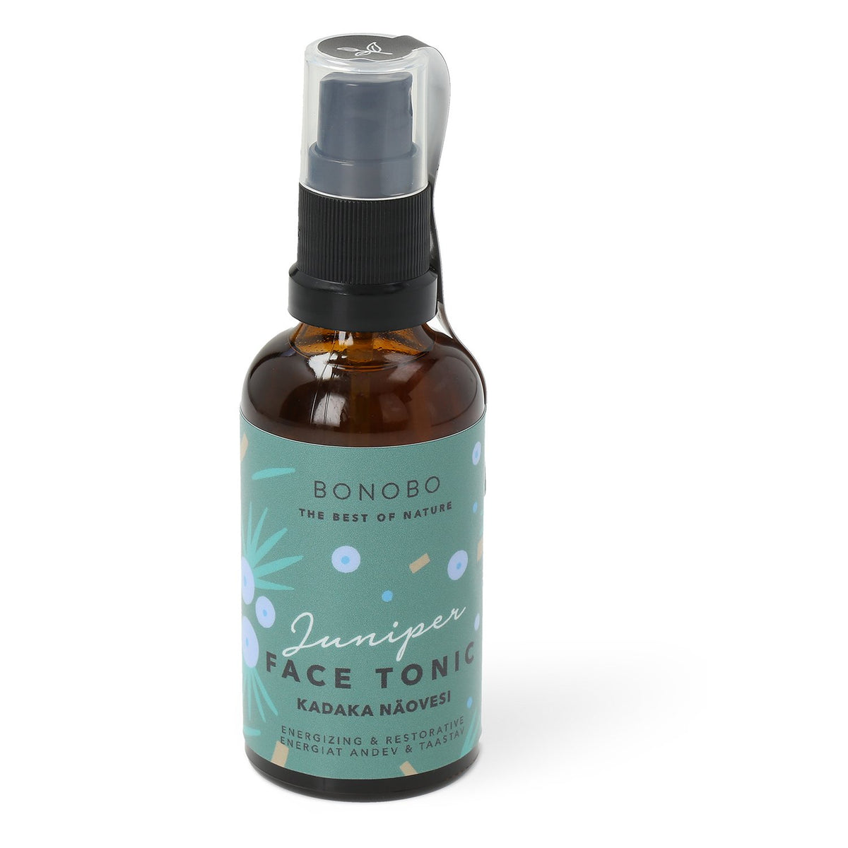 2. Studio shot of BONOBO Juniper Face Tonic bottle with label details, ideal for oily skin