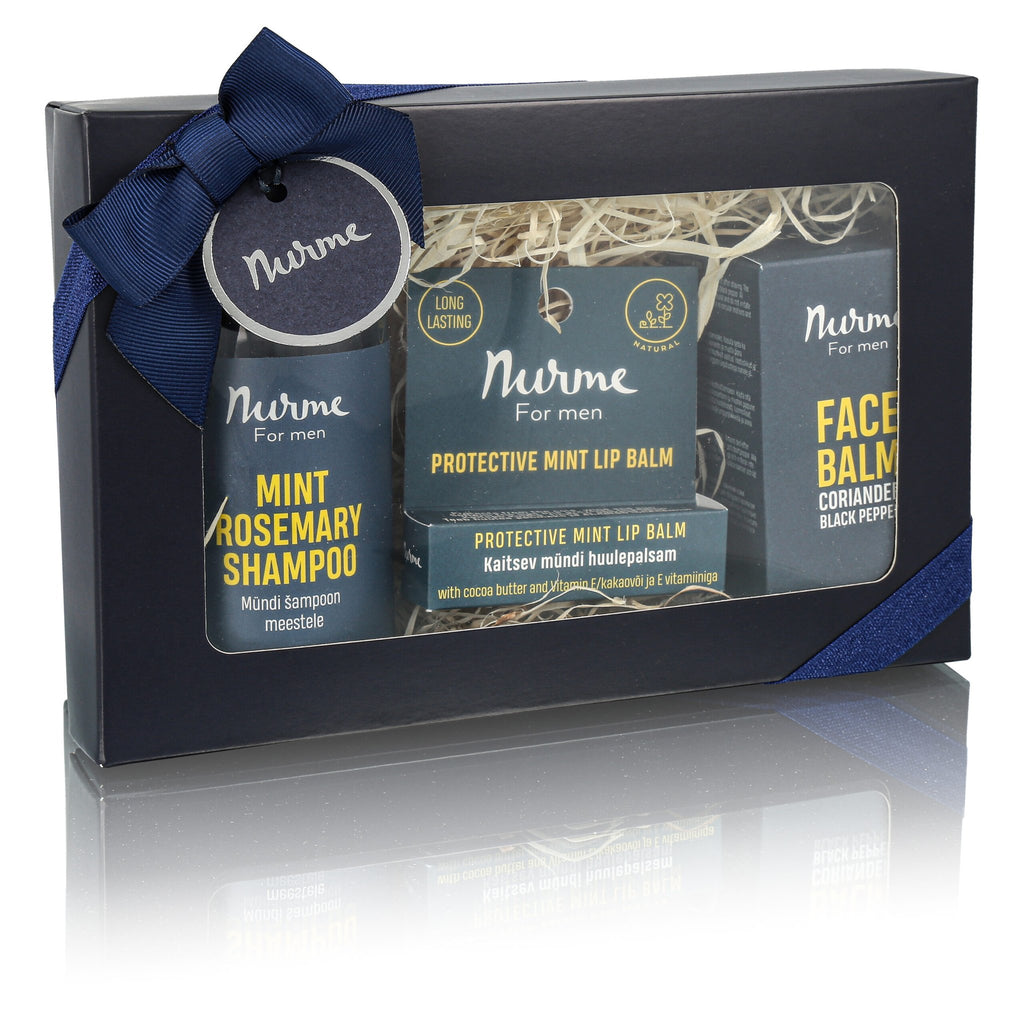 2. Nurme Natural Men's Gift Set 'Refreshing' featuring mint rosemary shampoo, mint lip balm, and face balm in elegant packaging