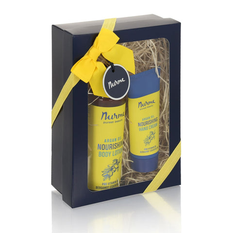 2. Nurme Natural Gift Set with argan oil hand cream and body lotion in gift box with yellow ribbon