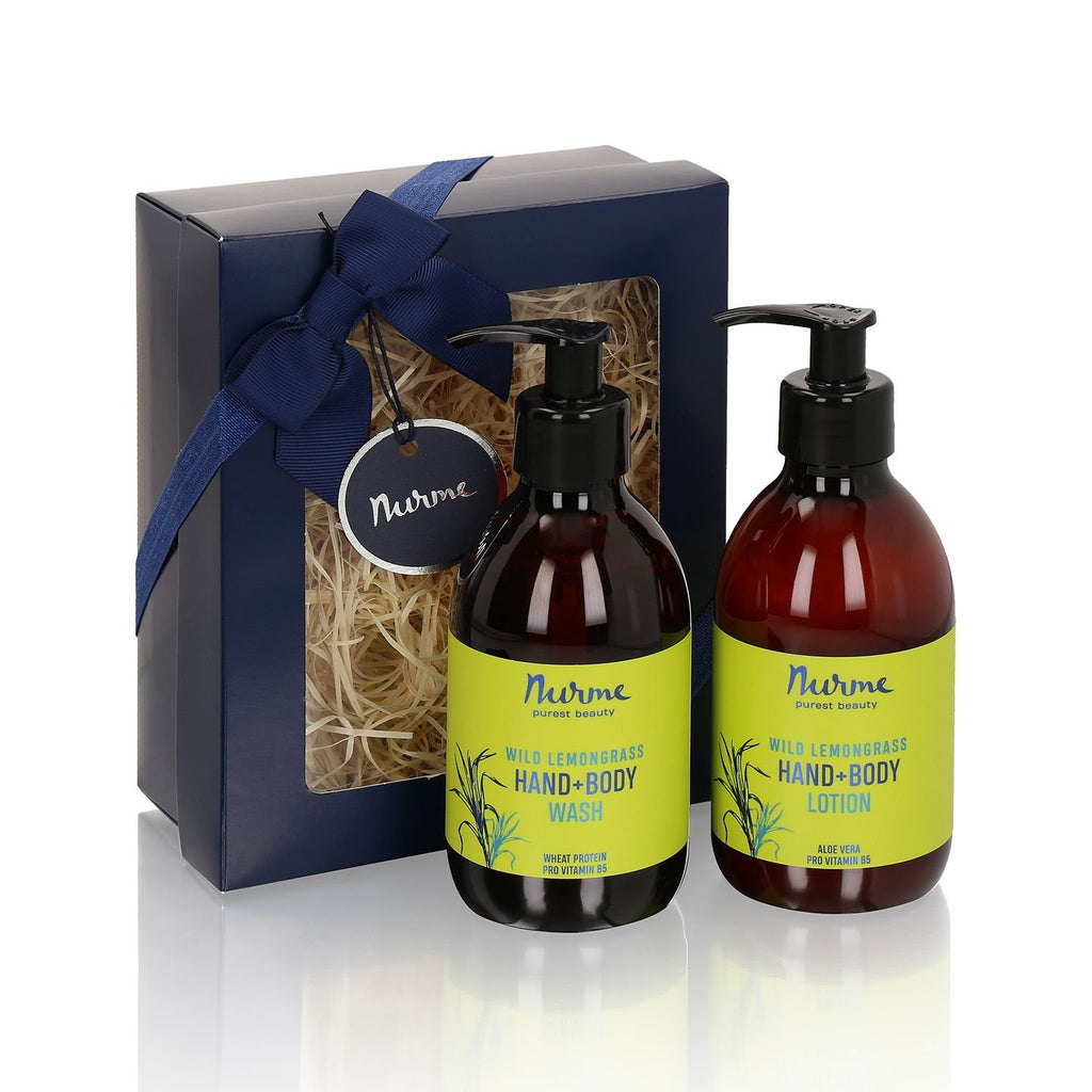 2. Nurme Wild Lemongrass hand and body wash and lotion set in gift box with blue ribbon