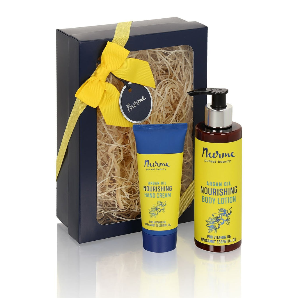 3. Nurme Natural Gift Set featuring argan oil hand cream and body lotion, shown in open box