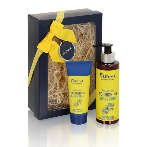 3. Nurme Natural Gift Set featuring argan oil hand cream and body lotion, shown in open box
