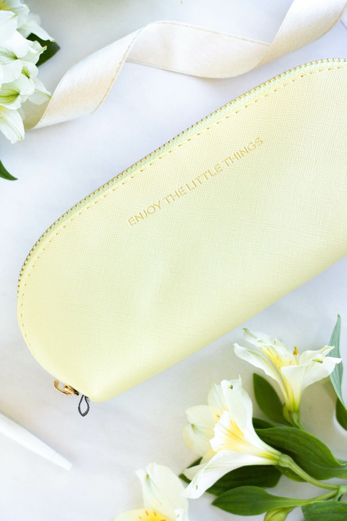 1. SEIK Pencil Case Sunshine in yellow with 'Enjoy the little things' text, surrounded by flowers