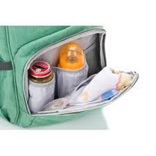 3. Open front pocket of mint green Fillikid diaper backpack showing baby bottles and items