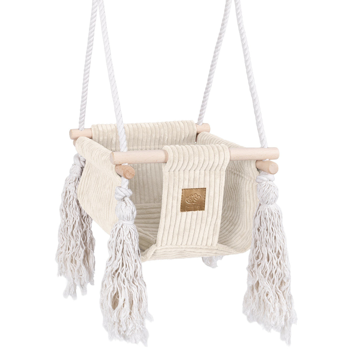 1. Ecru square indoor baby swing with corduroy seat, wooden frame, and decorative fringes by MeowBaby, shown with sturdy cotton ropes and safety belt
