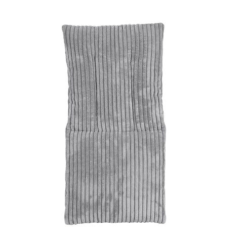 3. Close-up of grey ribbed corduroy fabric for baby swing cushion, showing texture and stitching details