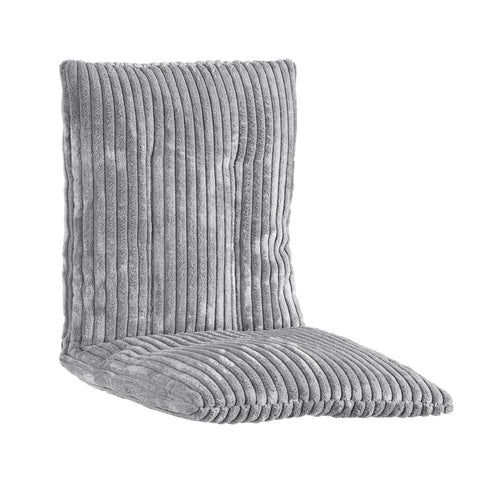2. Studio shot of grey corduroy cushioned insert for baby swing, highlighting ribbed texture and soft material