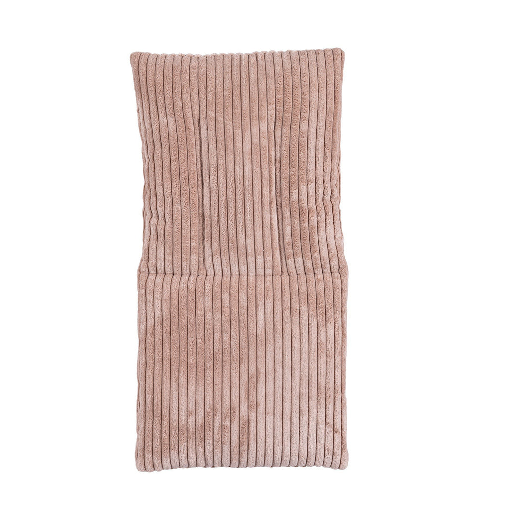 4. Flat lay of pink powder corduroy cushion for baby swing, showing full length and ribbed design