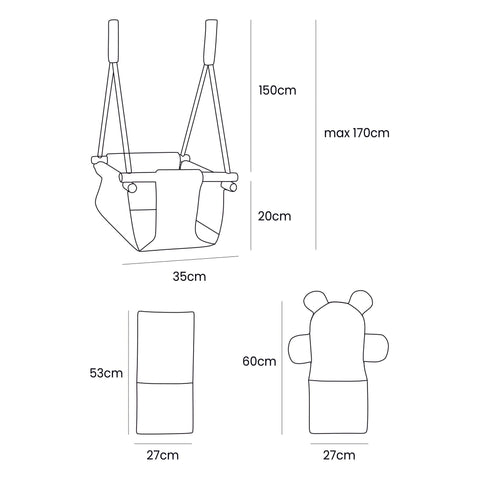 5. Size chart for indoor baby swing showing dimensions in centimeters, including seat and rope lengths.