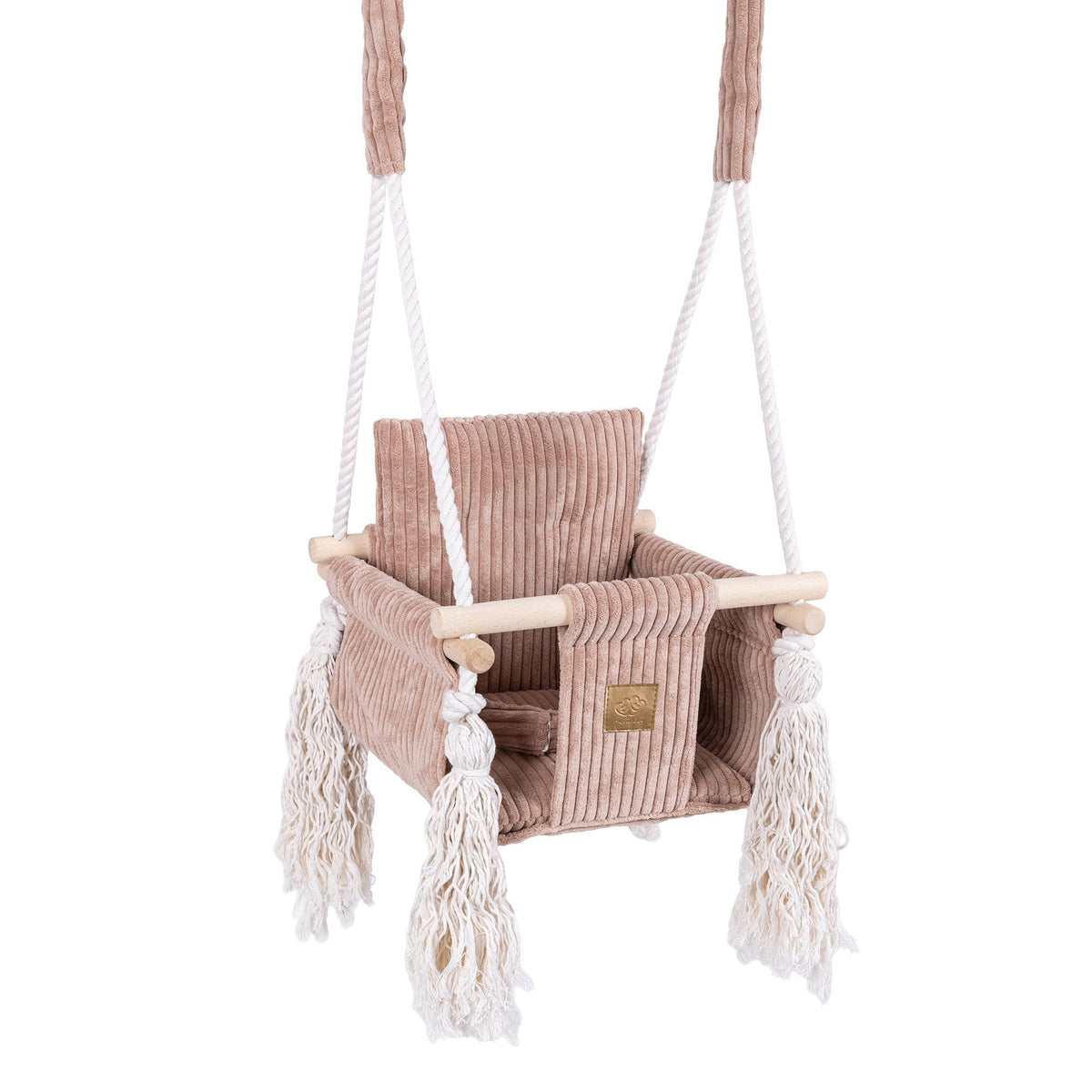 1. Pink powder indoor baby swing with corduroy seat, wooden frame, and decorative fringes, designed for infants, shown hanging with white cotton ropes