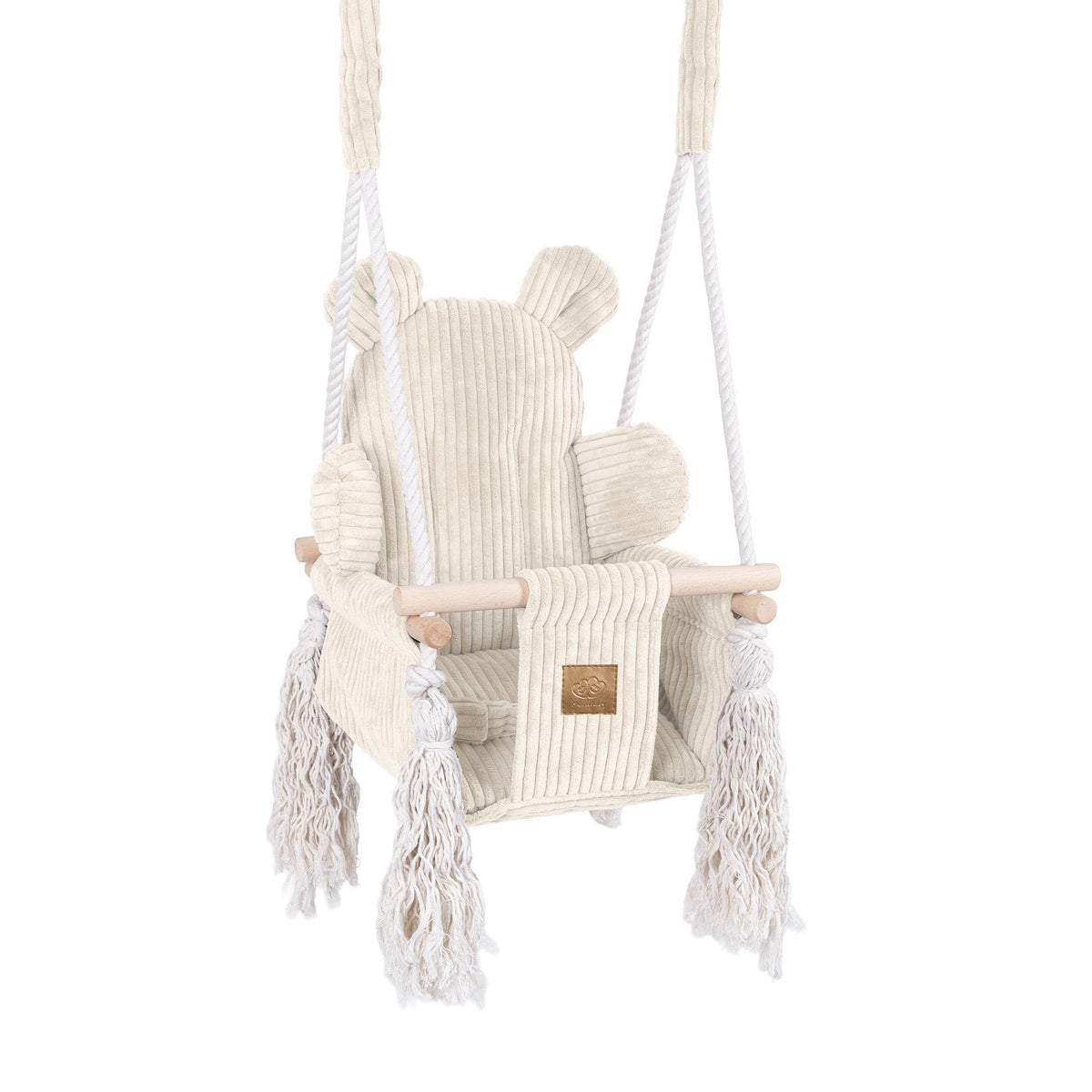 1. Ecru indoor baby swing with teddy bear design, featuring soft corduroy seat, wooden base, and decorative fringes, shown in a studio setting