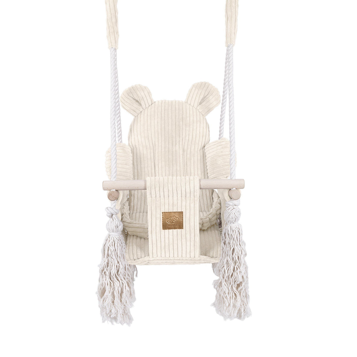 2. Front view of ecru indoor baby swing with teddy bear ears, soft corduroy fabric, and wooden elements, displayed in a studio