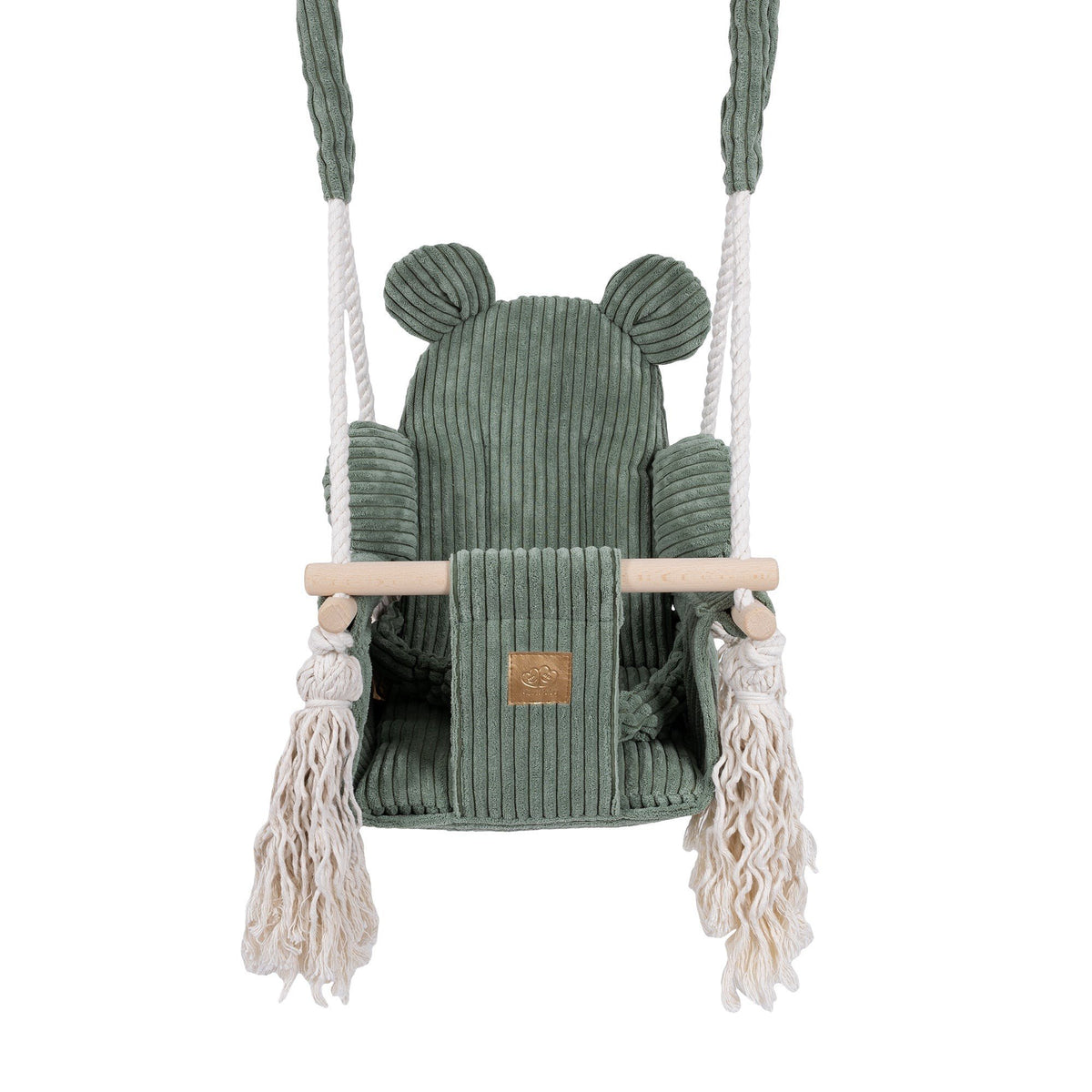 2. Front view of olive green corduroy indoor baby swing with teddy bear ears, wooden bar, and thick cotton ropes, highlighting safety and design features