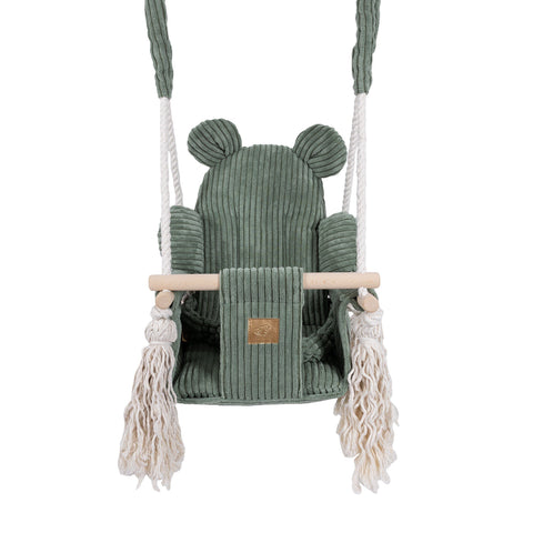 2. Front view of olive green corduroy indoor baby swing with teddy bear ears, wooden bar, and thick cotton ropes, highlighting safety and design features