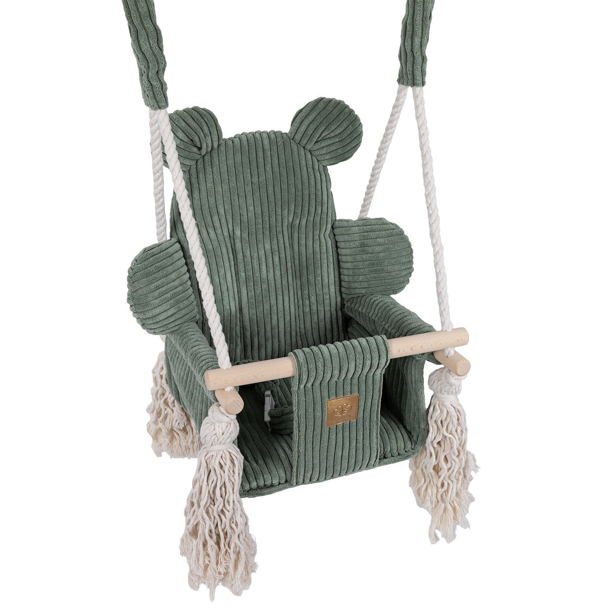 1. Olive green corduroy indoor baby swing with teddy bear ears and decorative fringes, featuring sturdy wooden elements and thick cotton ropes, designed for safety and comfort