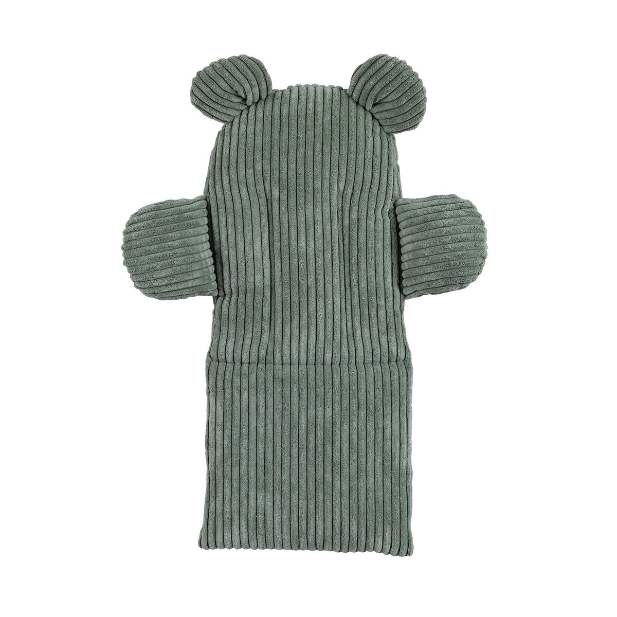4. Flat lay of olive green corduroy seat cushion for baby swing with teddy bear ears and armrests, showcasing texture and design